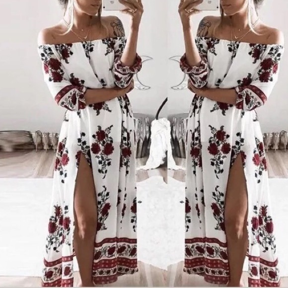 White floral open-shoulder maxi DRC122 - Picture 2 of 4